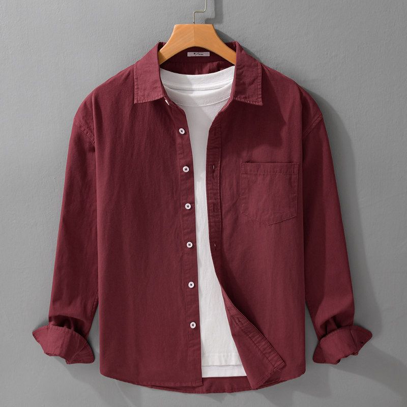 Spring and Autumn Simple Retro Long-Sleeved Shirt Men's Loose Versatile Casual Top Festive Burgundy 100% Pure Cotton