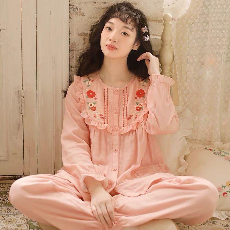 Süße japanische Prinzessin bestickte Heimkleidung Damen-Schlafanzug Langarm Frühling Herbst Reine Baumwollgaze Dünnes Loungewear-Set