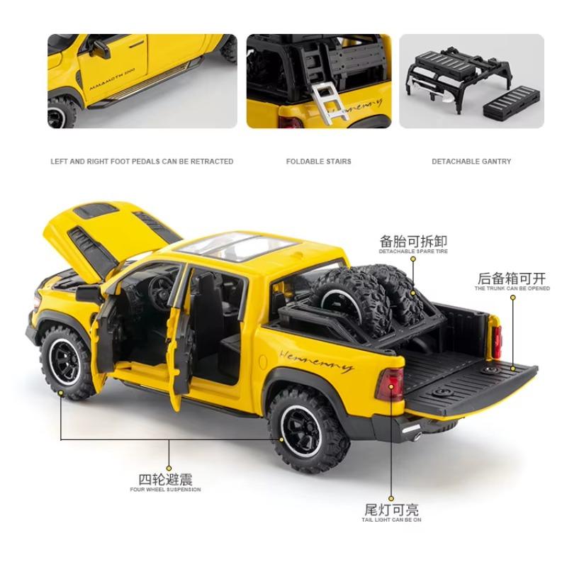 1/32 Scale DODGE Mammoth 1000 TRX Alloy Pickup Car Model Diecast Metal Off-road Vehicle Model Sound and Light Simulation Kids Toy Gift
