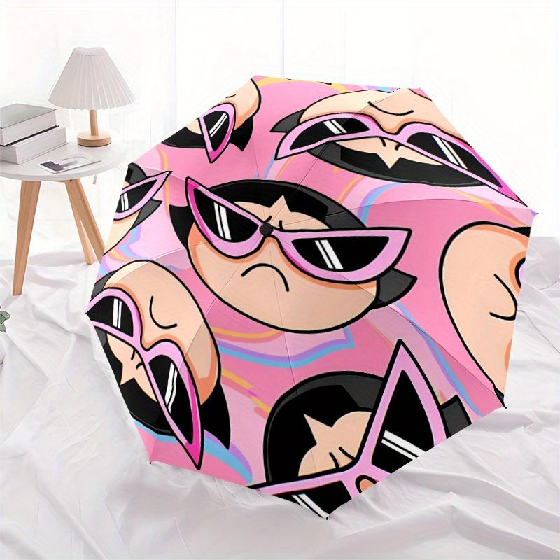 1 Stück Powerpuff Girls Automatischer Auf-/Zu Klappbarer Tragbarer Regenschirm mit 8-Rippen-Struktur für Damen/Herren, Ganzjahresgebrauch a0901089