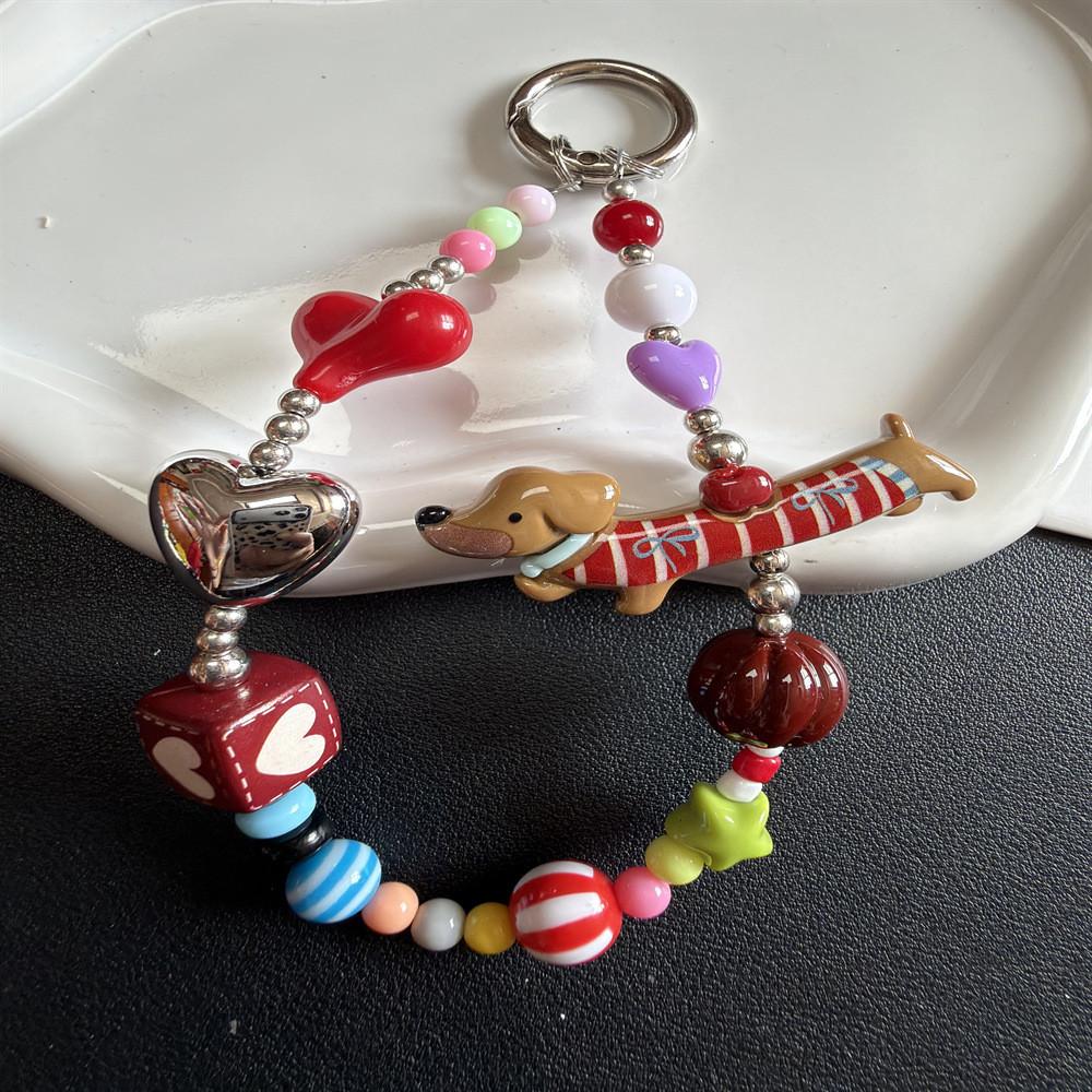 Small Novelty Red Striped Dog Phone Lanyard With Colorful Beads And Flower Design For Kids And Adults