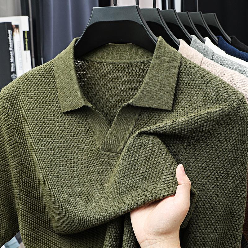 

Мужское летнее поло с V-образным вырезом 2025 - Повседневная футболка с коротким рукавом из чистого хлопка с ананасовой текстурой XXXL