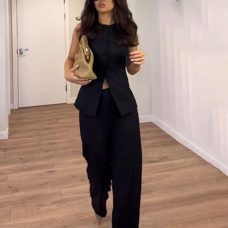 

Fashion Party Leader Vest Top High Waist Pants Fashion Suit Women Top and Pants Set Black XXL
