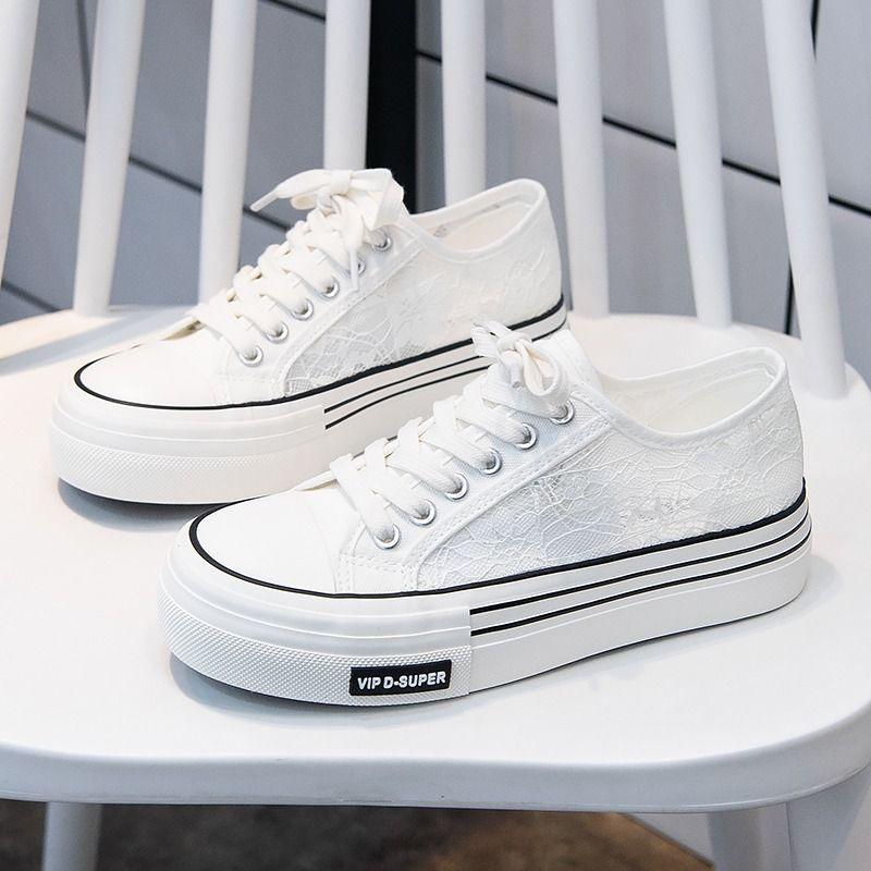 Summer Thin Breathable Lace Canvas Shoes Women's Hollow Board Shoes, Mesh Shoes
