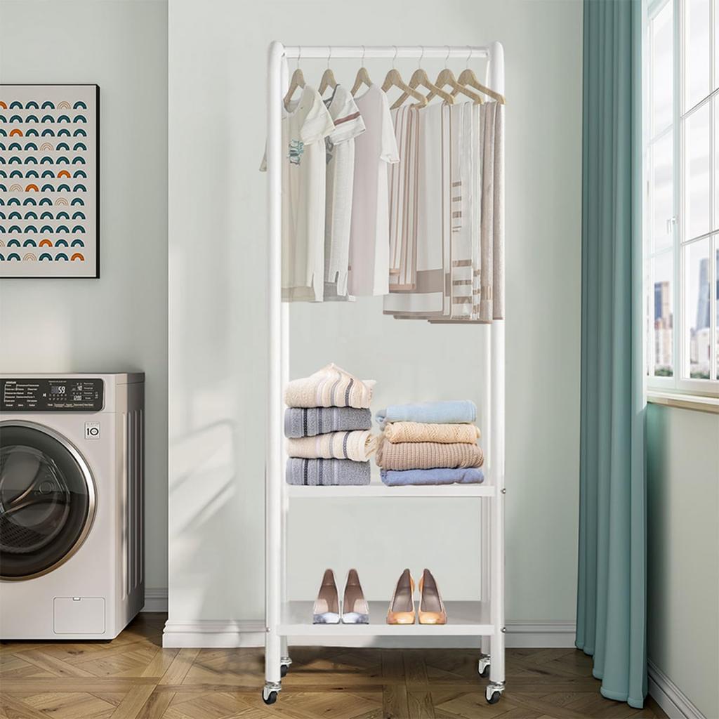 Huaniun Clothes with 2 Clothes Visible Coat Clothes Space Width 49 x Depth 33 x Height 176 White Rack, Slim, Sturdy, Casters, Shelves, Rack, Storage,