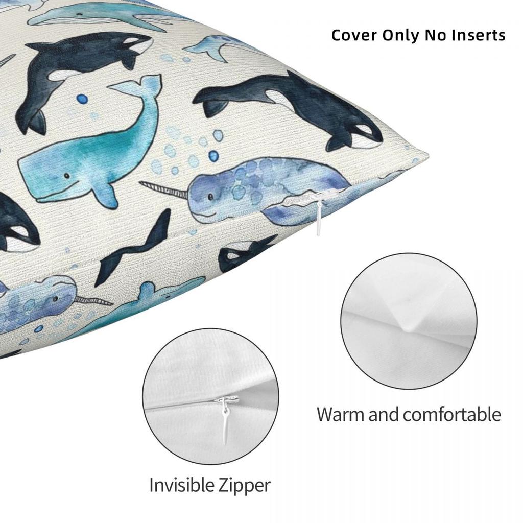 Whales Orcas & Narwhals Square Pillowcase Polyester Linen Velvet Creative Zip Decorative Pillow Case Room Cushion Cover
