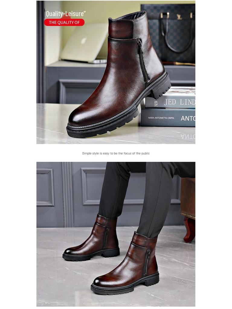 Men's Winter Leather Chelsea Boots with Soft Cowhide, Side Zipper, and Velvet Lining