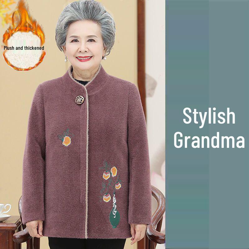 Grandma Style Mink Velvet Coat: Thickened Autumn-Winter Wear for Women Aged 60-70