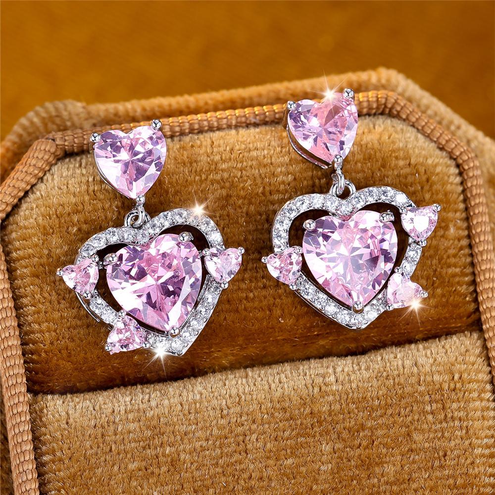 Süße weibliche Stein Weiß Rosa Zirkon Liebesherz Ohrstecker Silberfarbe Hochzeits Schmuck für Frauen