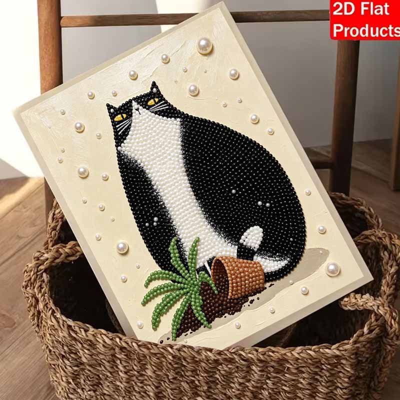 5D DIY Pearl Art Kit Cute Black and White Cat Themed Decor Home Wall Decoration