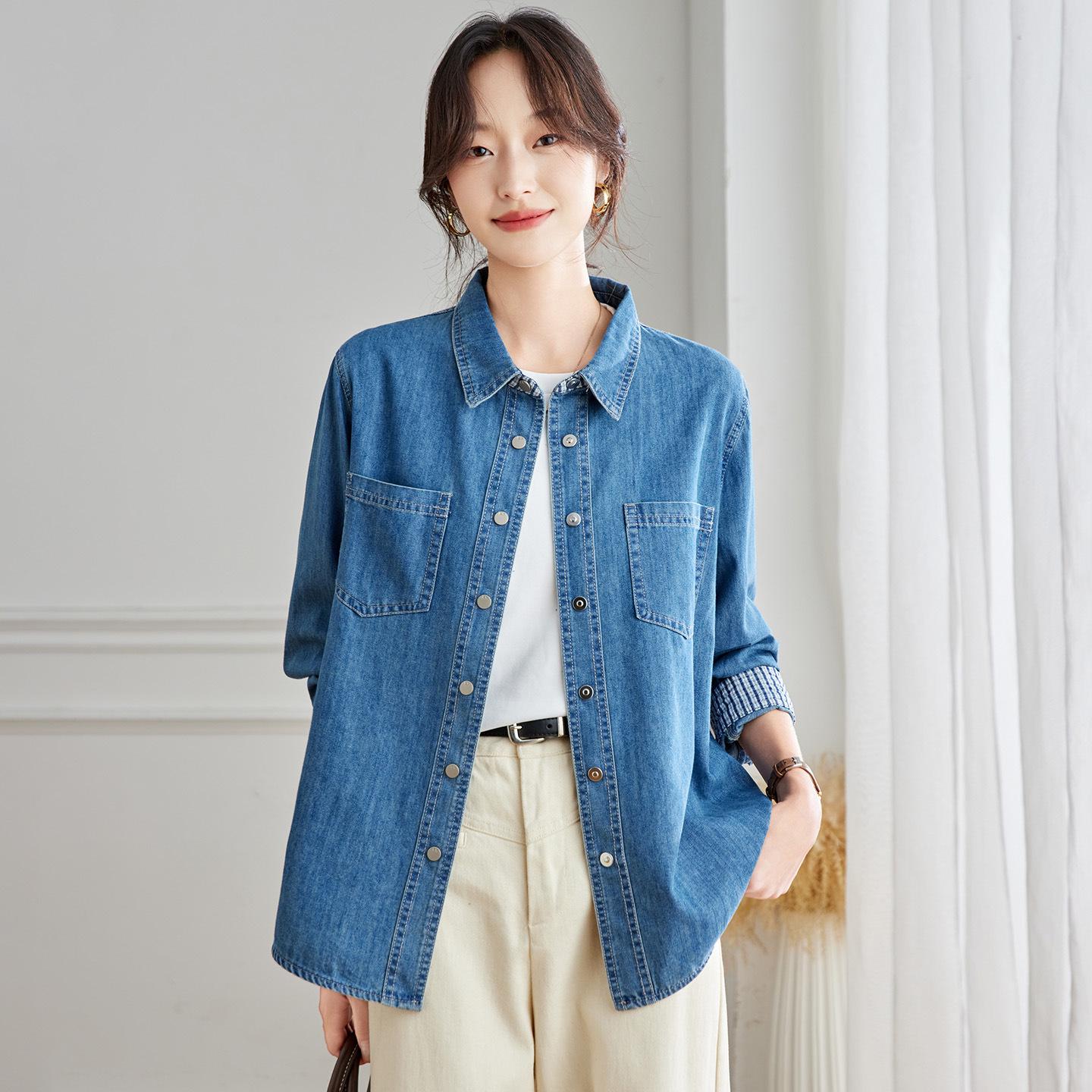 

Женская джинсовая куртка-рубашка в клетку - Осенний корейский стиль, универсальная вещь для многослойности Extra Large джинсовый синий