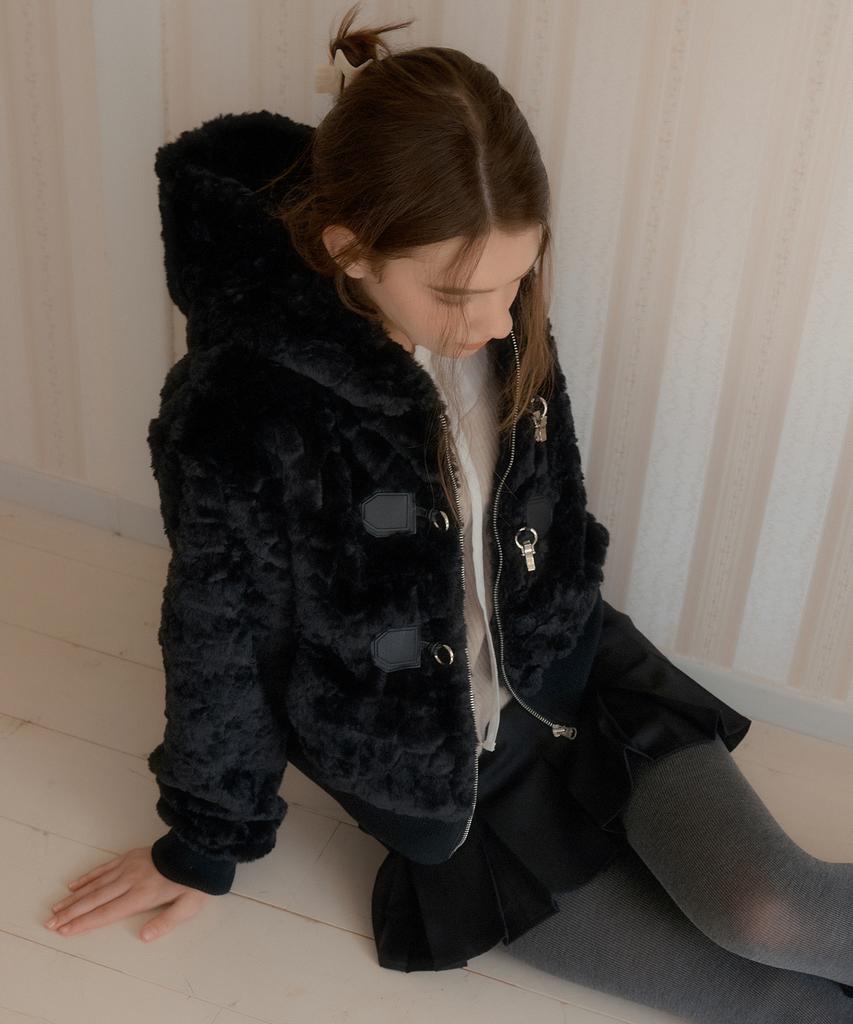 Letter From Moon Twin Buckle Hooded Fur Jacket (Black)