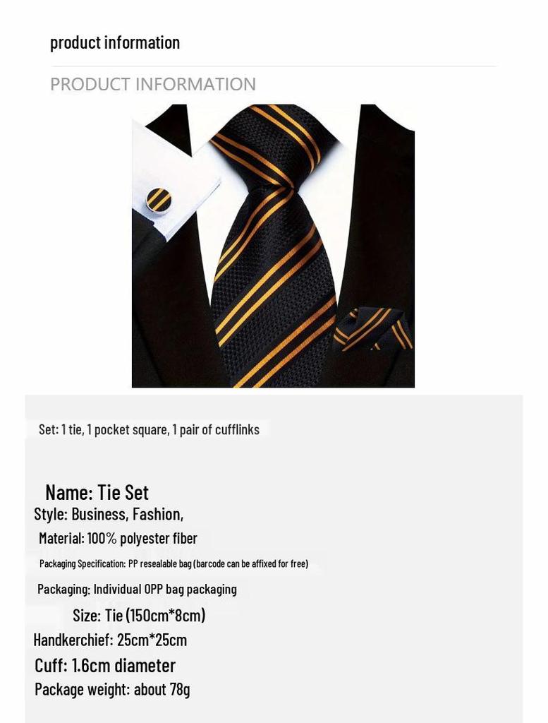 Gestreiftes Krawatten-, Einstecktuch- und Manschettenknöpfe-Set - Business Formal, 8,5 cm breit, Anzugzubehör