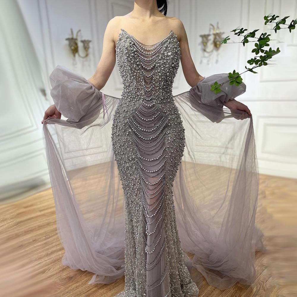 Lilac Purple Bead Bubble Sleeve Temperament Long Dress Annual Meeting Host Banquet Light Luxury Dress Dress LA11111