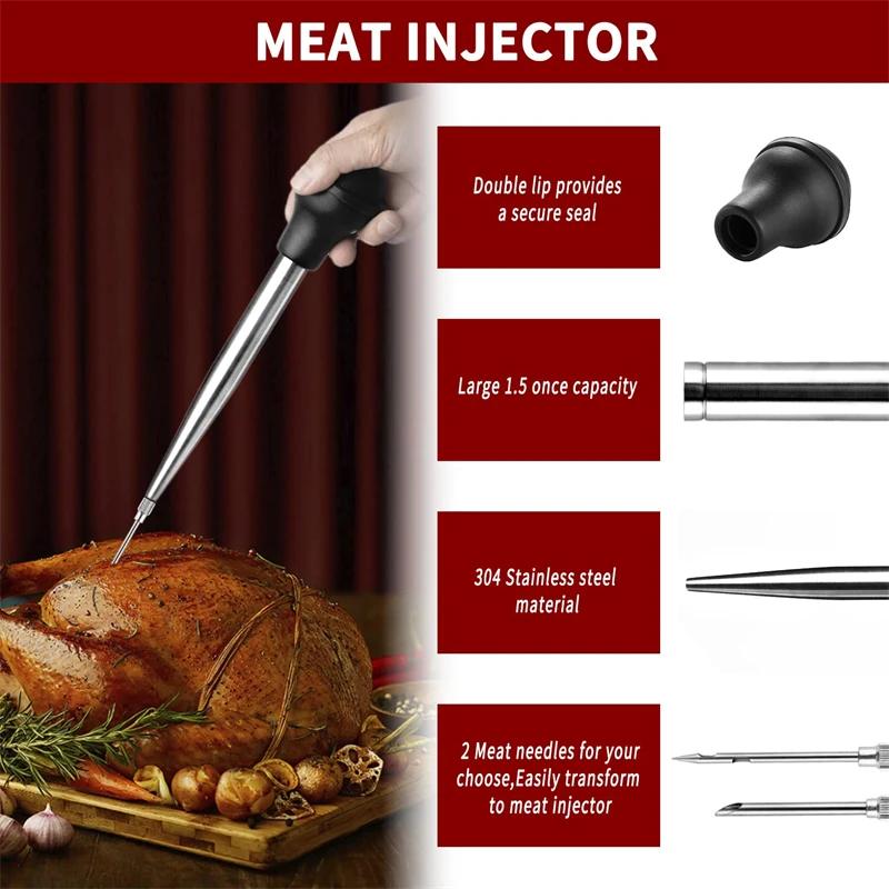 304 Stainless Steel Silicone BBQ Turkey Pump Double Needle with Kitchen Cooking Pork Steak Meat Sauces Barbecue Seasoning Tool
