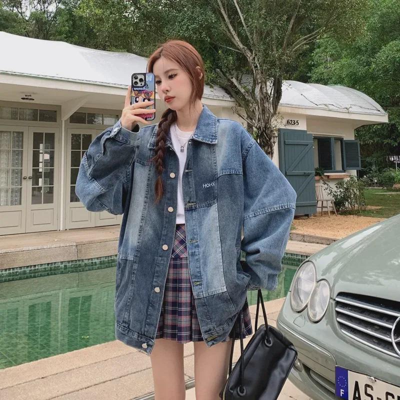 Women's Retro Blue Distressed Denim Jacket – Spring Loose Fit, Unique Design, Trendy Couple's Top