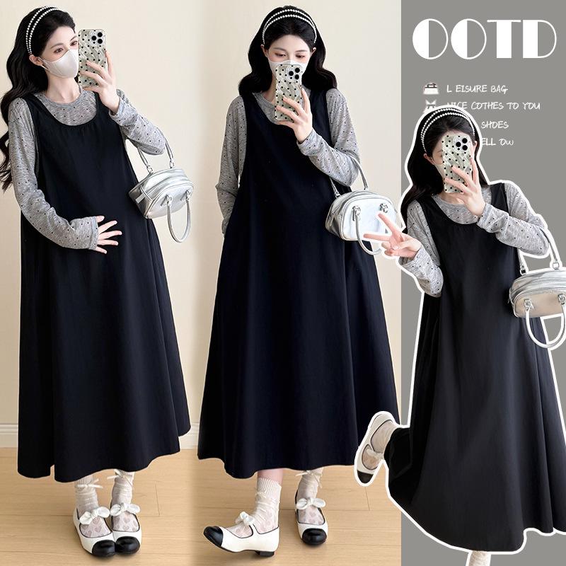 Spring 2026 Korean Style Maternity Polka Dot & Vest Two-Piece Dress Set L