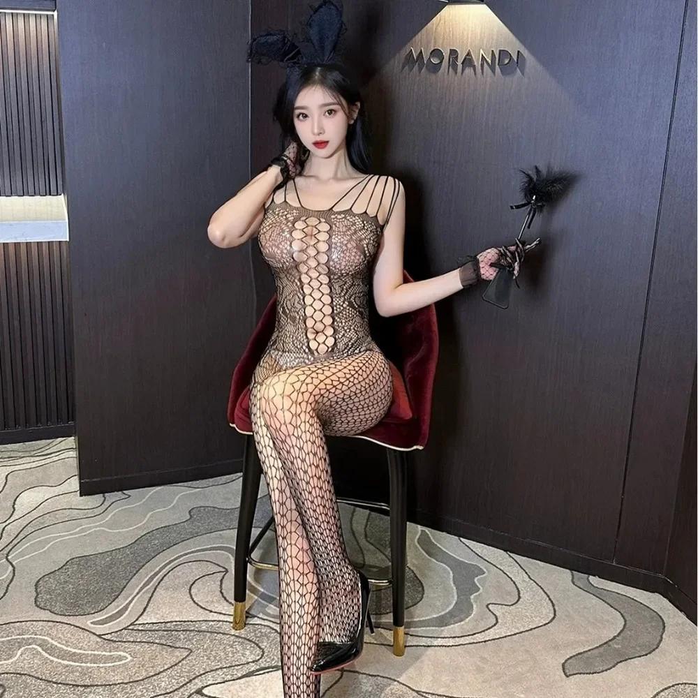 Sex Pajamas Adult Transparent Sex Tights Elastic Jumpsuits Night Club Wear For Women Sheer Mesh Outfit Open Crotch Bodystocking