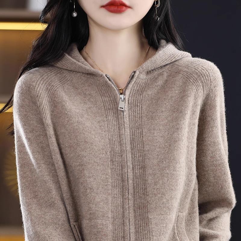 Herbst Reißverschluss Strickjacke Jacke Damen Lässig Einfarbig Kapuze Kaschmir Pullover Mantel Weiblich Wild Stricken Oberteile