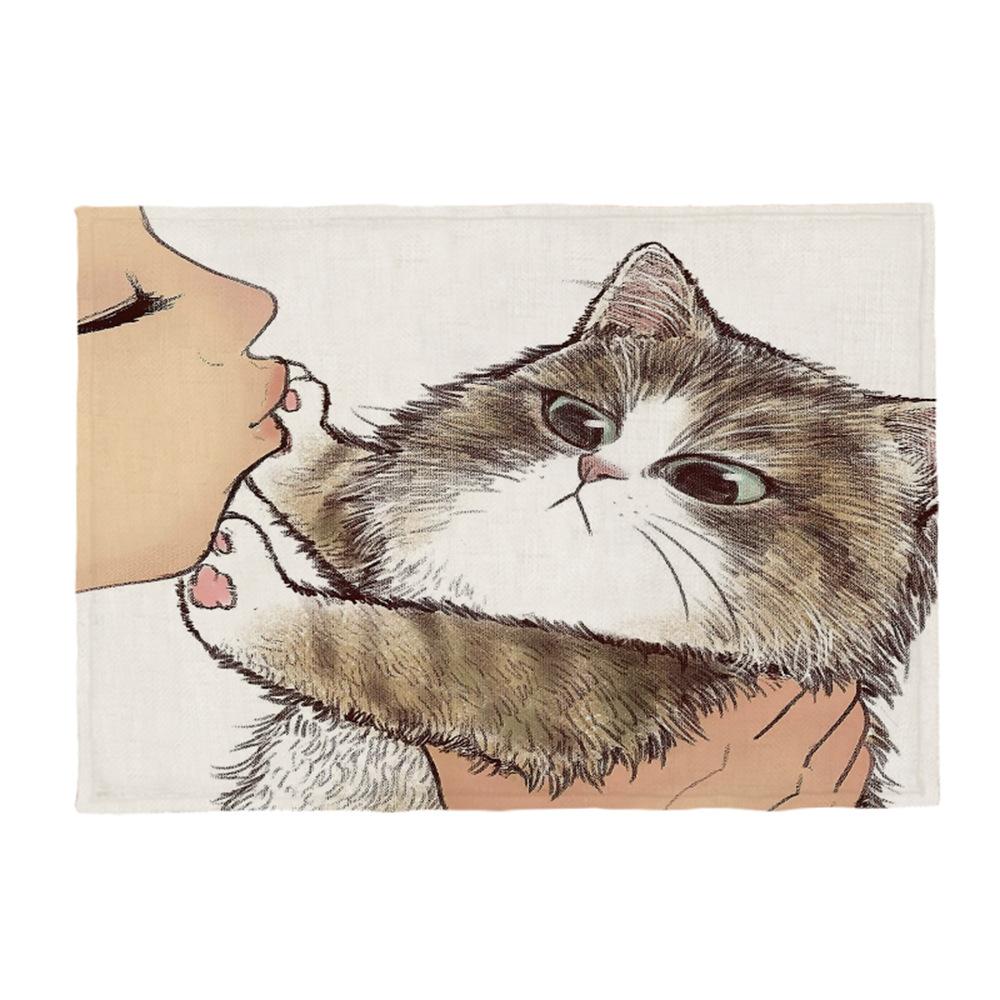 Kočičí lněná podložka na stůl Roztomilý odmítá políbit Prostírání s kresleným vzorem Dekorace na kuchyňský stůl Mat
