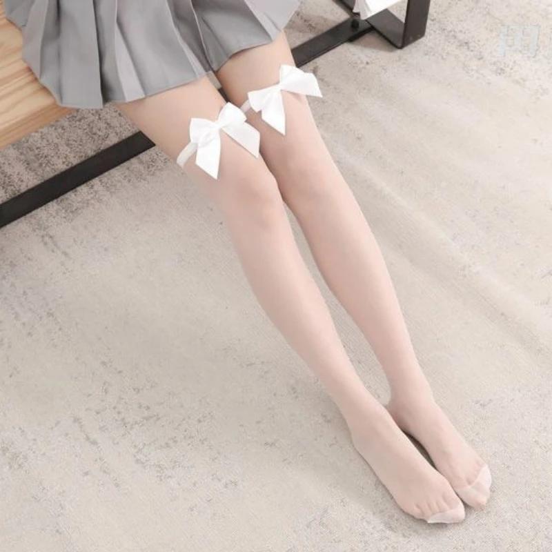 Thigh High Stockings Women Ultra-Thin Transparent Nylon Long Socks Jk Girls Cute Bowknot Kawaii Knee High Socks Stockings