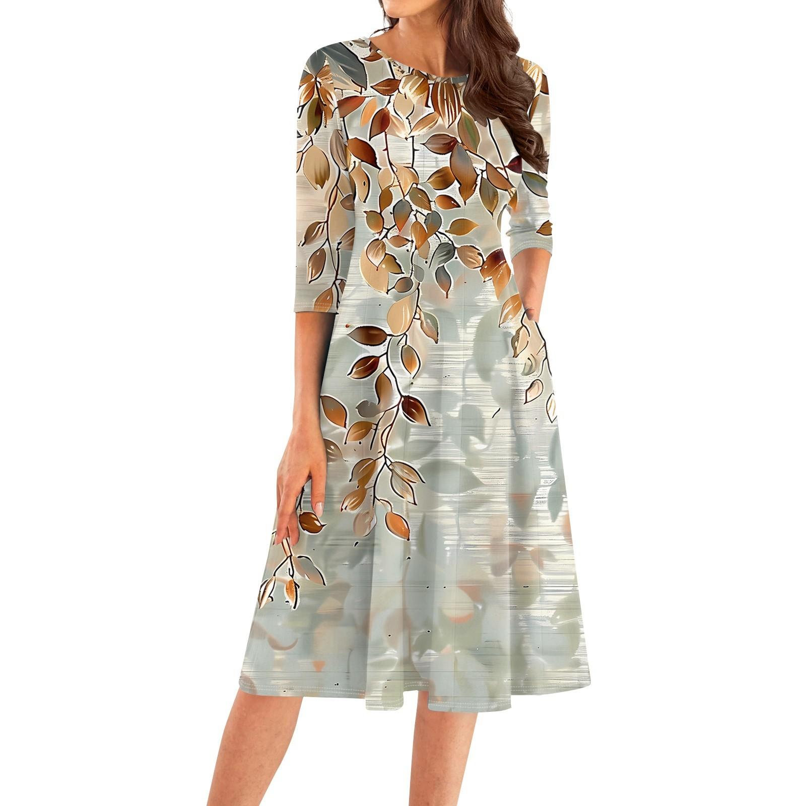 

Женское повседневное модное платье миди с круглым вырезом и рукавом три четверти M