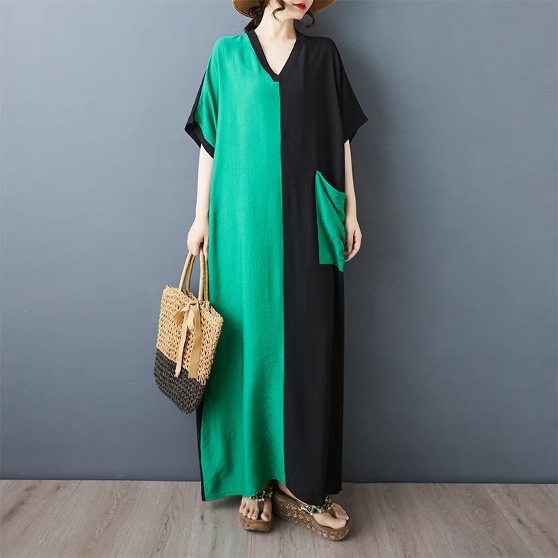 Dimanaf New 2025 Plus Size Summer Dress Women Vintage Casual V-Neck Pocket Long Dress Loose Dress Maxi