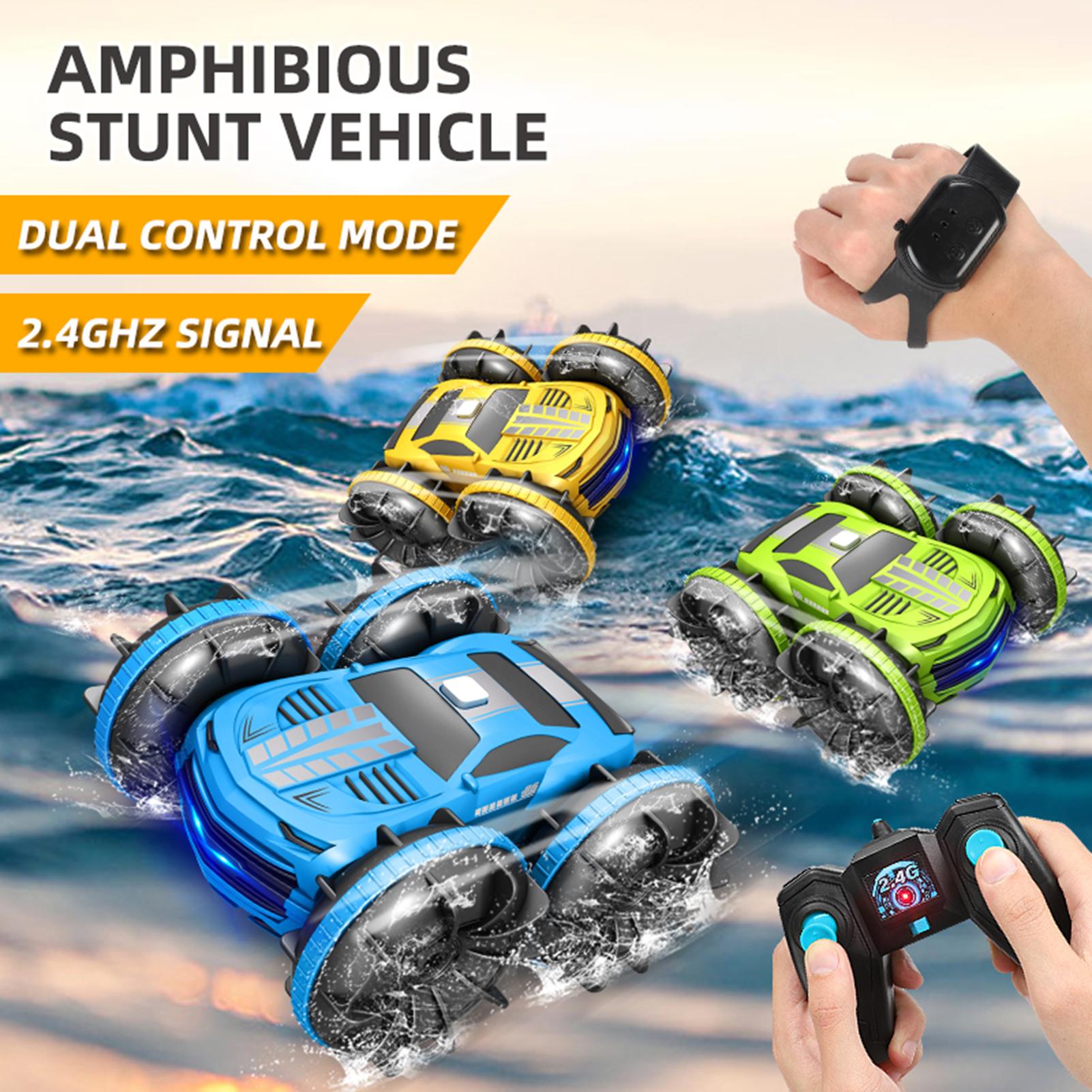 RC Stunt Car Double-sided Car Amphibious RC Car for Kids 2 in 1 RC Boat 2.4GHz 360 degrees Rotate All Terrains Xmas Birthday Gifts with LED Lights