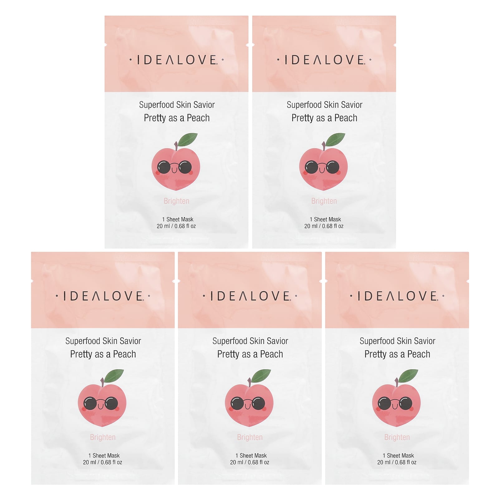 

Idealove, Superfood Skin Savior, Pretty As A Peach, Beauty Sheet Mask 5 упаковок, 20 мл (0,68 рідких унцій) кожен