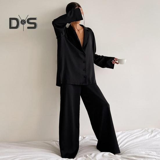 2 Pcs/Set Women Shirt Pants Set Homewear Suit Loose Lapel Long Sleeve Loose Solid Color Single-breasted Wide Leg Straight Soft Lady Spring Fall
