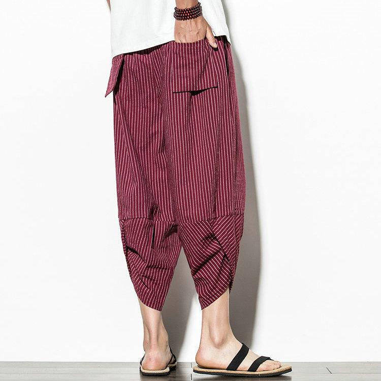 Harajuku Casual Wide Leg Harem Pants Men 2024 Summer Cotton Baggy Pants Striped Calf Length Trousers