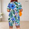 Women Plus Size Round Neck Short Sleeve White Lemon Printed Two Piece Shorts Set