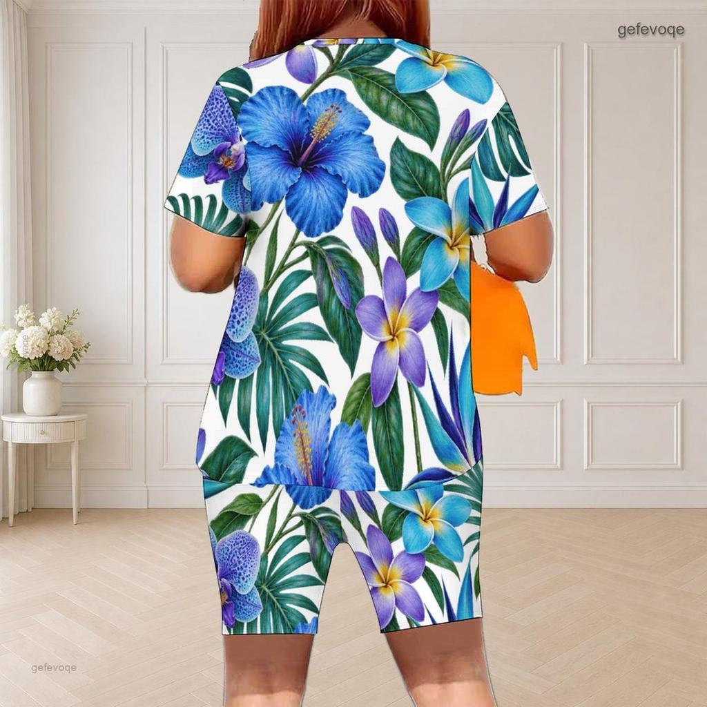 Women Plus Size Round Neck Short Sleeve White Lemon Printed Two Piece Shorts Set