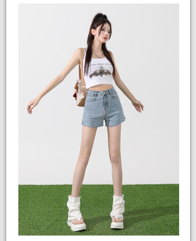 Women's High-Waist Elastic Denim Shorts - Summer Thin, Loose, Three-Quarter Length with Split Hem