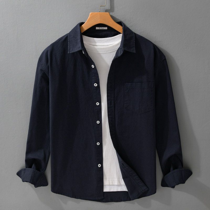 Spring and Autumn Simple Retro Long-Sleeved Shirt Men's Loose Versatile Casual Top Festive Burgundy 100% Pure Cotton