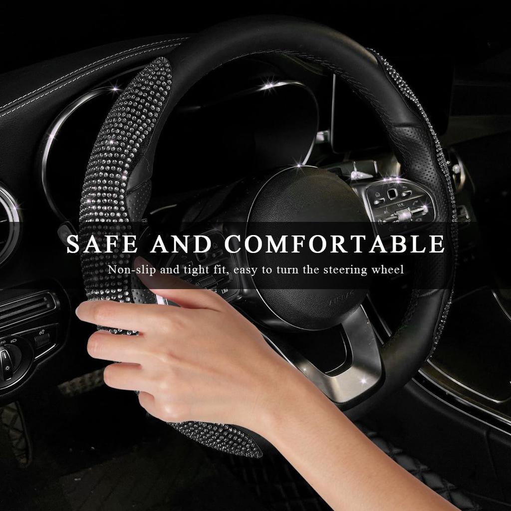 2PCS Steering Wheel Cover, Sparkling Rhinestone Segmented Steering Wheel Protector Fit 14-15.6 Inch, Non-Slip Wheel Wrap Cover Bling Car Interior