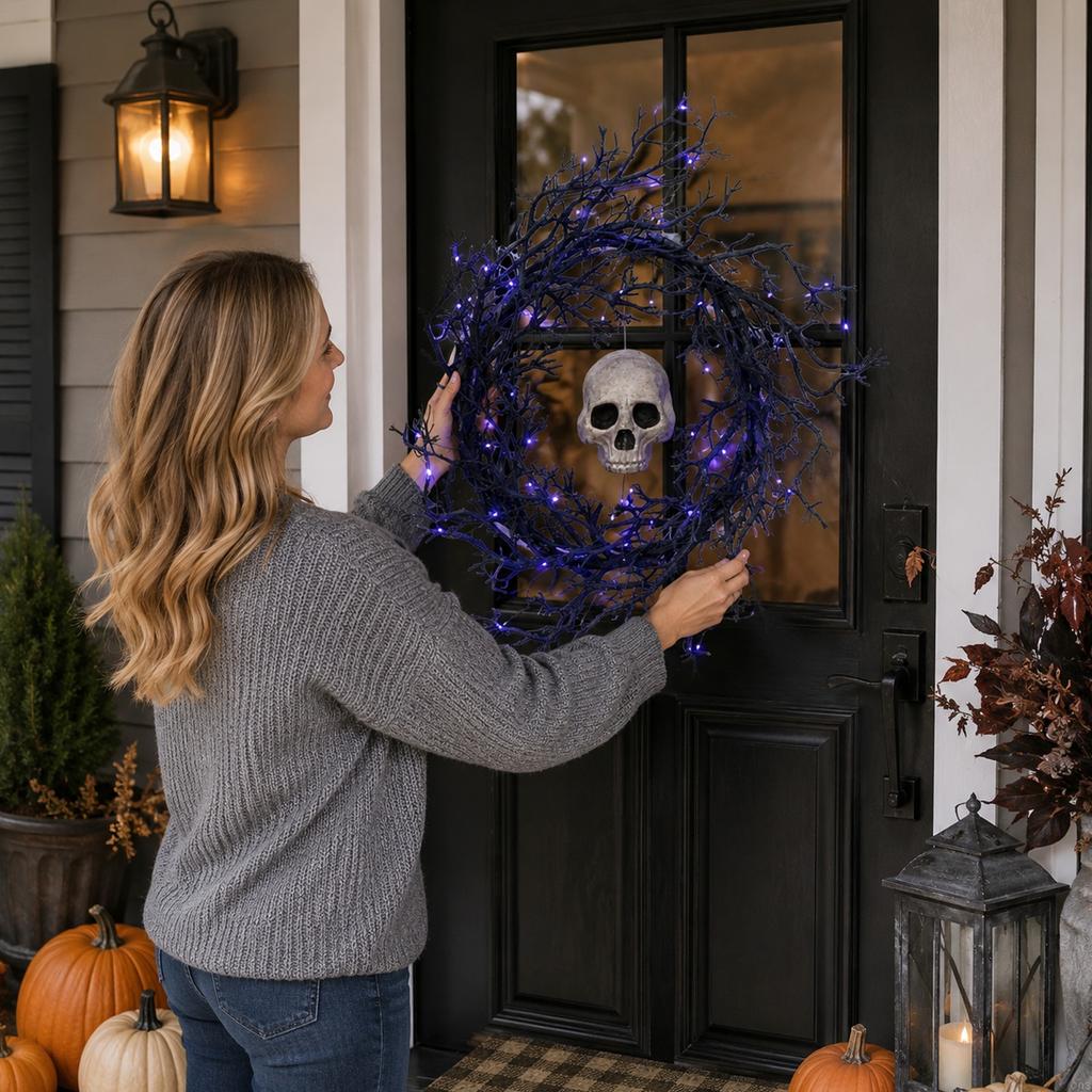 Lighted Halloween Wreath with 50 LED Lights for Porch Outdoor Party Decoration