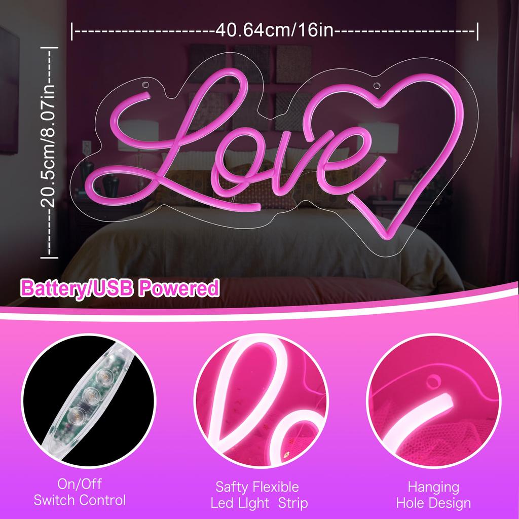 Love Heart Dimmable Neon Sign for Wall Decor, Kids Room, Wedding & Party, Gift for Valentine‘s Day, Girlfriend, Birthday