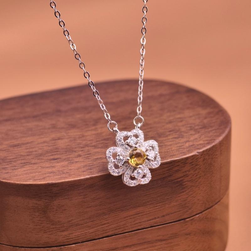 S925 Silver Lucky Four Leaf Clover Pendant Necklace Natural Crystal Clavicle Chain Fashion Jewelry