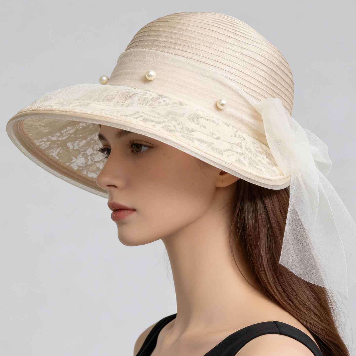My Extreme Outdoor Activities Women's Elegant Flower Pearl Lady Hat Summer Organza Wide Brim Sunscreen Kentucky Derby Hats Church Wedding Beach Sun Cap 56-58Cm