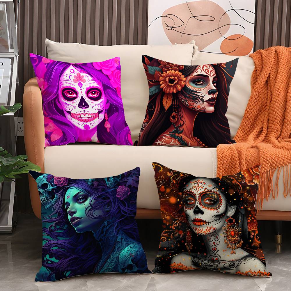 Halloween Sugar Skull Girl Pillow Case Short Plush Double-Sided Print Square Throw Pillow Covers Sofa Home Cushion Decor