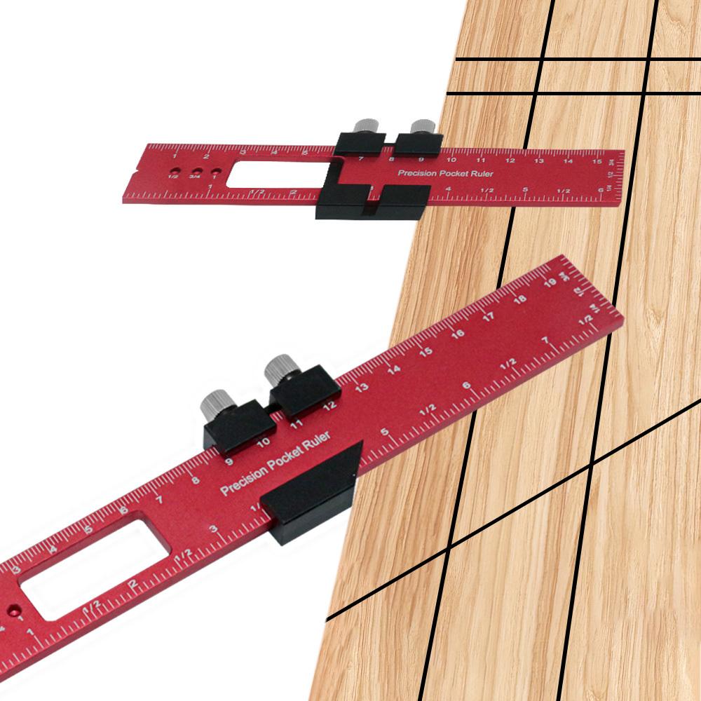 Woodworking Precision Pocket Ruler Aluminum Slide Ruler Inch and Metric T-Scribe Ruler Square Layout Tool with Slide Stop