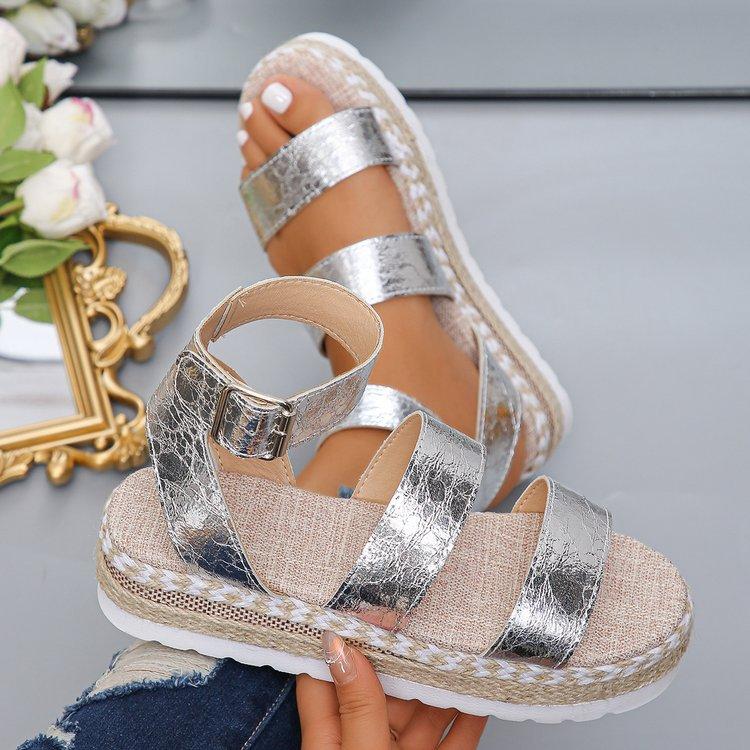 Large size platform beach sandals summer new wide strip hollow fish mouth fashion linen sole women's shoes