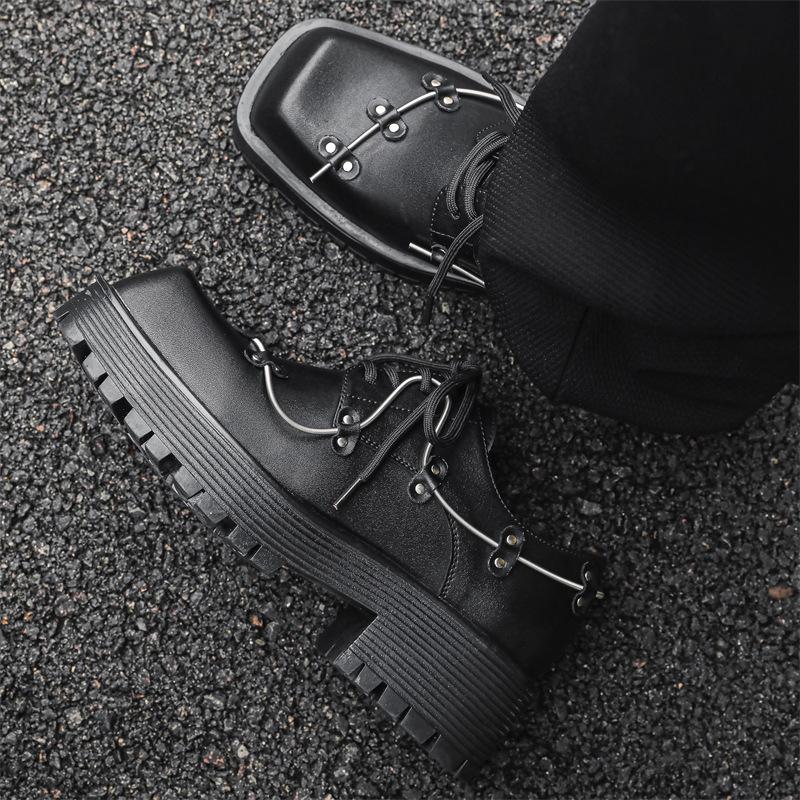 Men's Platform Derby Shoes Square Head Black Mens Business Casual Leather Shoes Retro Designer Patent Leather Men Zapatos Hombre