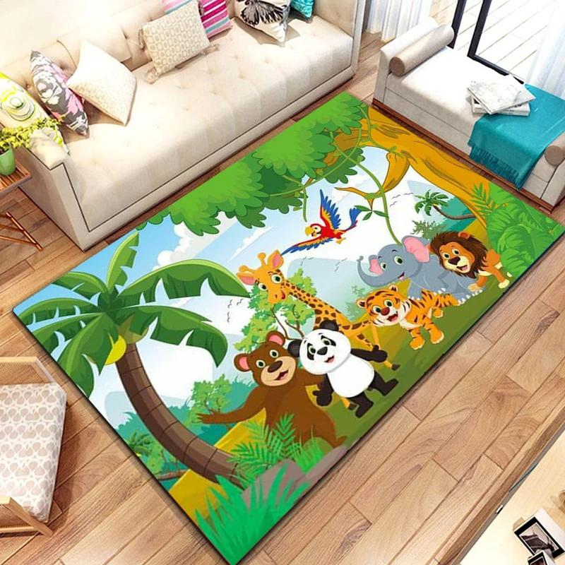 Dzikie Zwierzę Kreskówkowe Dywanik Obszarowy, Dywan ze Zwierzętami Safari Afrykańskiego dla Dzieci, Dekoracja Pokoju Kawaii, Mata Wejściowa, Mata Podłogowa Dzikie Zwierzęta Dżungli
