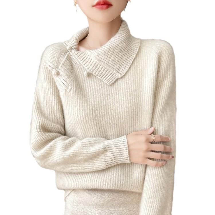 Women's Retro Chinese Lapel Wool Sweater with Frog Buttons