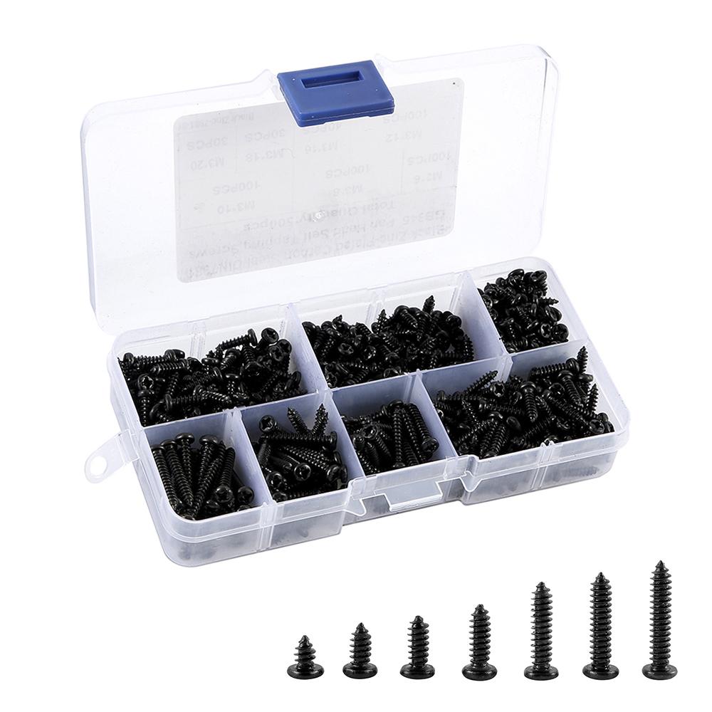 500pcs M3 Black Self Tapping Screws Pan Head Cross Self Drilling Wood Assortment Kit 6-20mm Carbon Steel Screw for DIY Projects