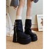 Platform Wedges Women Shoes Retro Motorcycle Boots Round Toe Belt Buckle Zipper High-heeled Fashion Pleated Knee High Long Boots