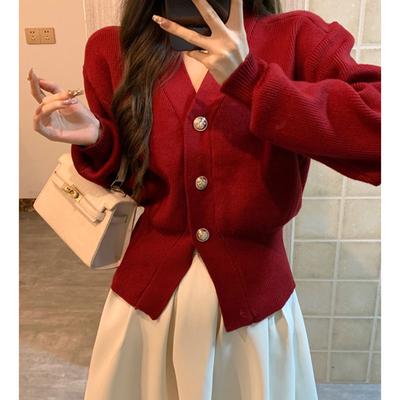 French Small Fragrant Cardigan Sweater Female Aura V-neck Sweater Jacket Long Sleeve High-end Sense of Waist Sweater Female Top