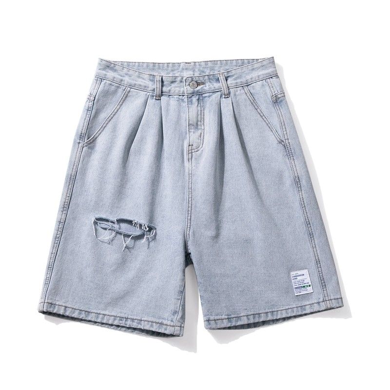Men s Summer Thin Ripped Denim Shorts, Trendy Brand Casual Versatile Loose Straight Mid-Length Pants Blue M
